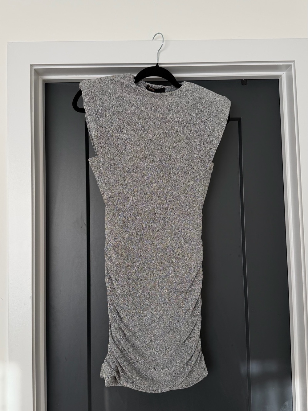 Maje Silver Metallic Ruched Midi Dress